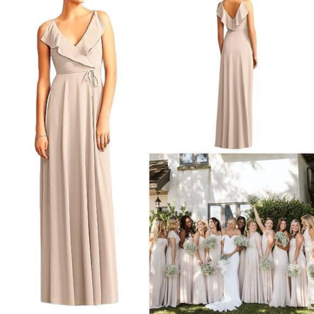 Jenny Yoo Drape Ruffle V Neck‎ Bridesmaid Dress Palomino Sz 8